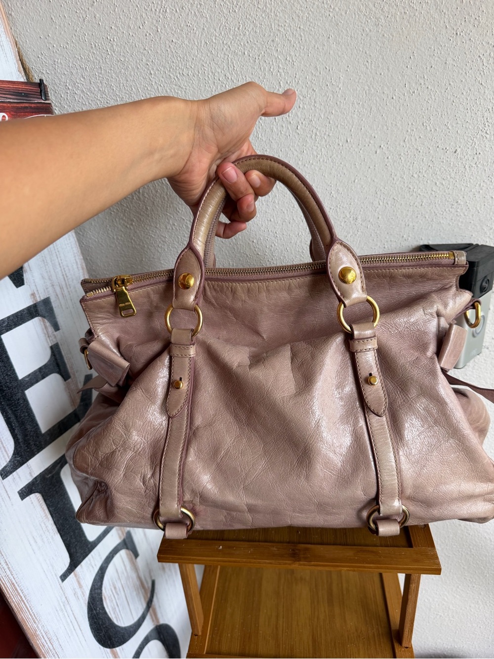 Miu Miu Blush Pink/Beige Leather Satchel with Gold Hardware - Picture 6 of 15